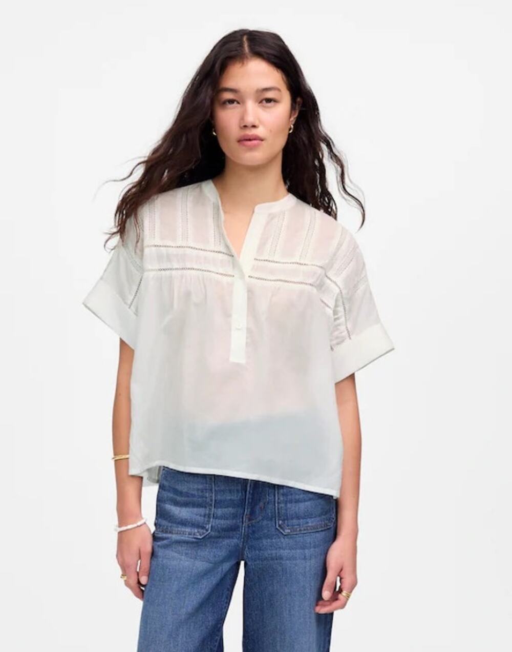 NWT Madewell Lace-Inset Pintucked Henley Top White Size S